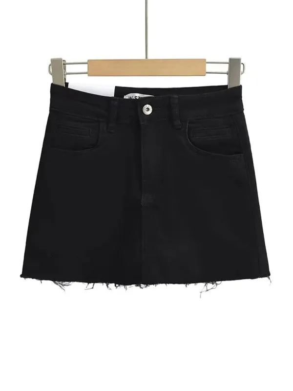 Hot girl's high-waist elastic hip-covering slim-fit anti-exposure raw edge A-line denim skirt