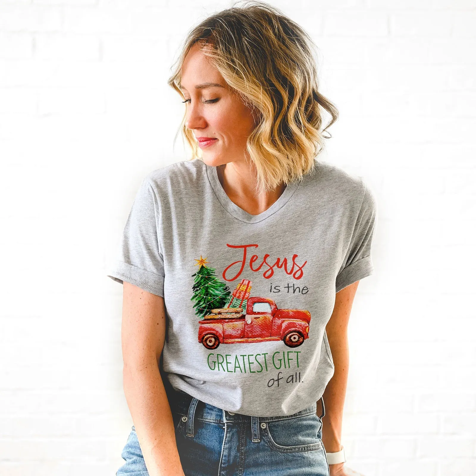 Jesus Is The Greatest Gift Red truck Tee Shirts For Women - Christian Shirts for Women - Religious Tee Shirts