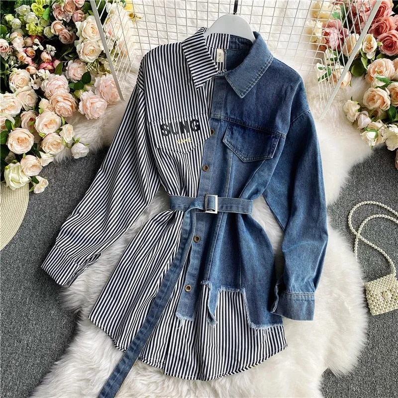 KittenAlarm - Women's Blouse Autumn Long Sleeve Shirt Tops Jeans Patchwork Plaid Blouses Elegantes Blusas para mujer Slim Shirt Dress