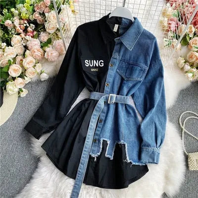 KittenAlarm - Women's Blouse Autumn Long Sleeve Shirt Tops Jeans Patchwork Plaid Blouses Elegantes Blusas para mujer Slim Shirt Dress