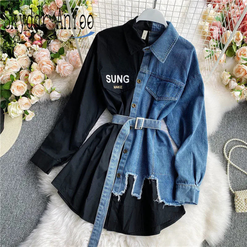 KittenAlarm - Women's Blouse Autumn Long Sleeve Shirt Tops Jeans Patchwork Plaid Blouses Elegantes Blusas para mujer Slim Shirt Dress