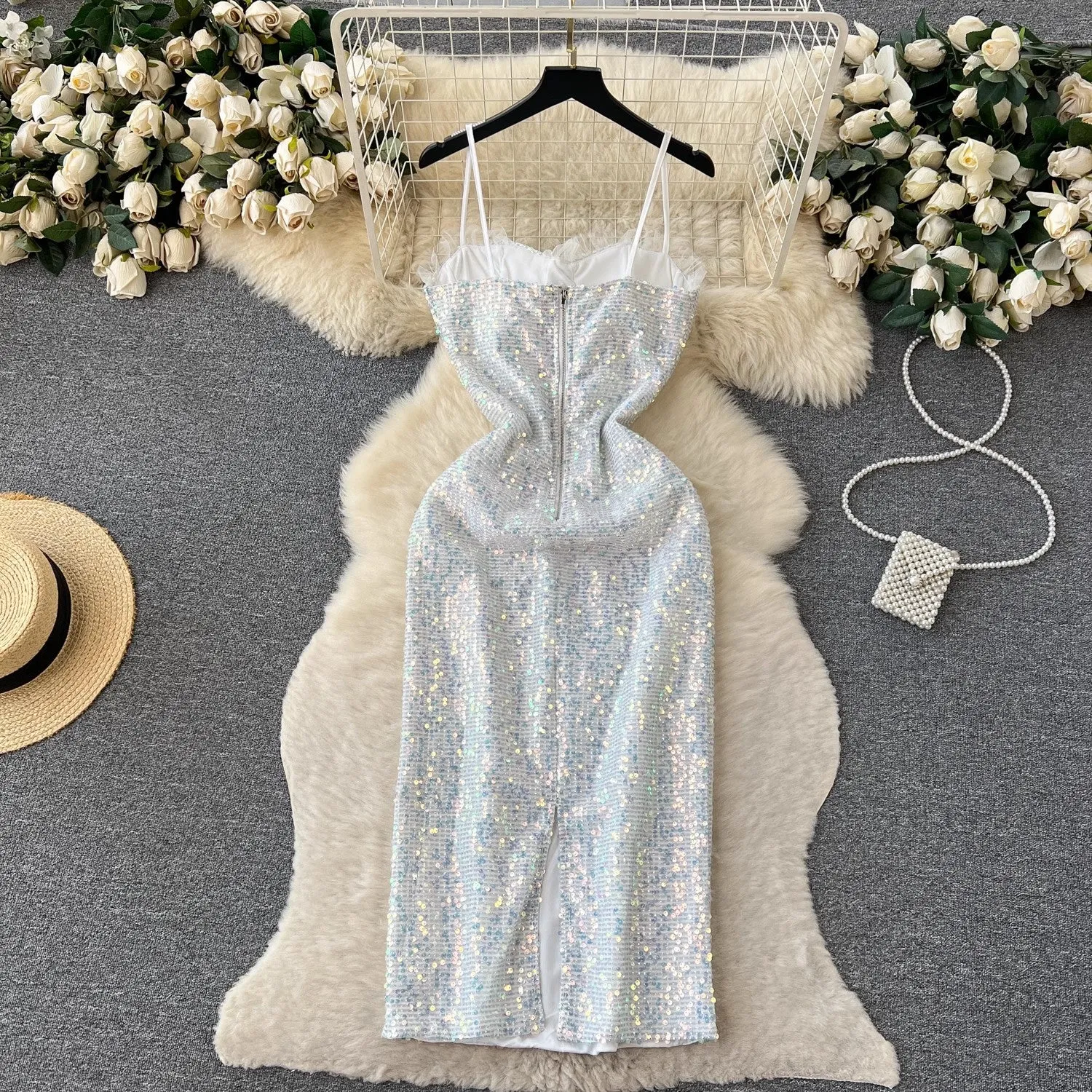 Luxurious suspender dress for women sparkling sequin design chic long skirt      S4618