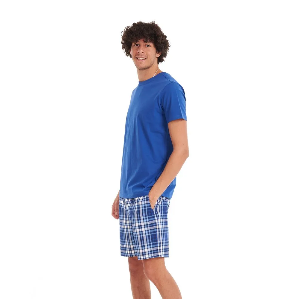 Men summer pajama set Indigo T-shirt   Indigo x grey checkered shorts