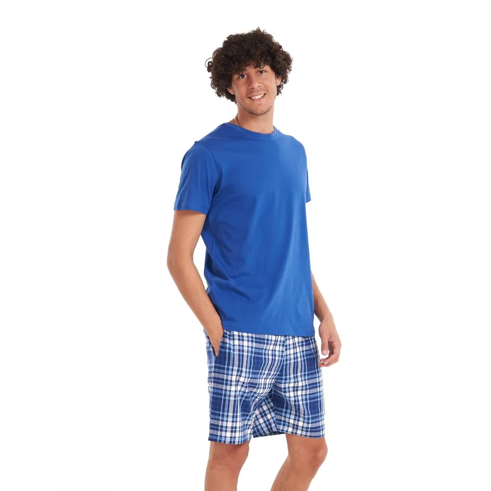 Men summer pajama set Indigo T-shirt   Indigo x grey checkered shorts