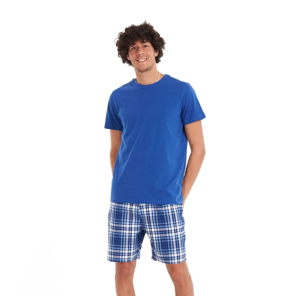 Men summer pajama set Indigo T-shirt   Indigo x grey checkered shorts