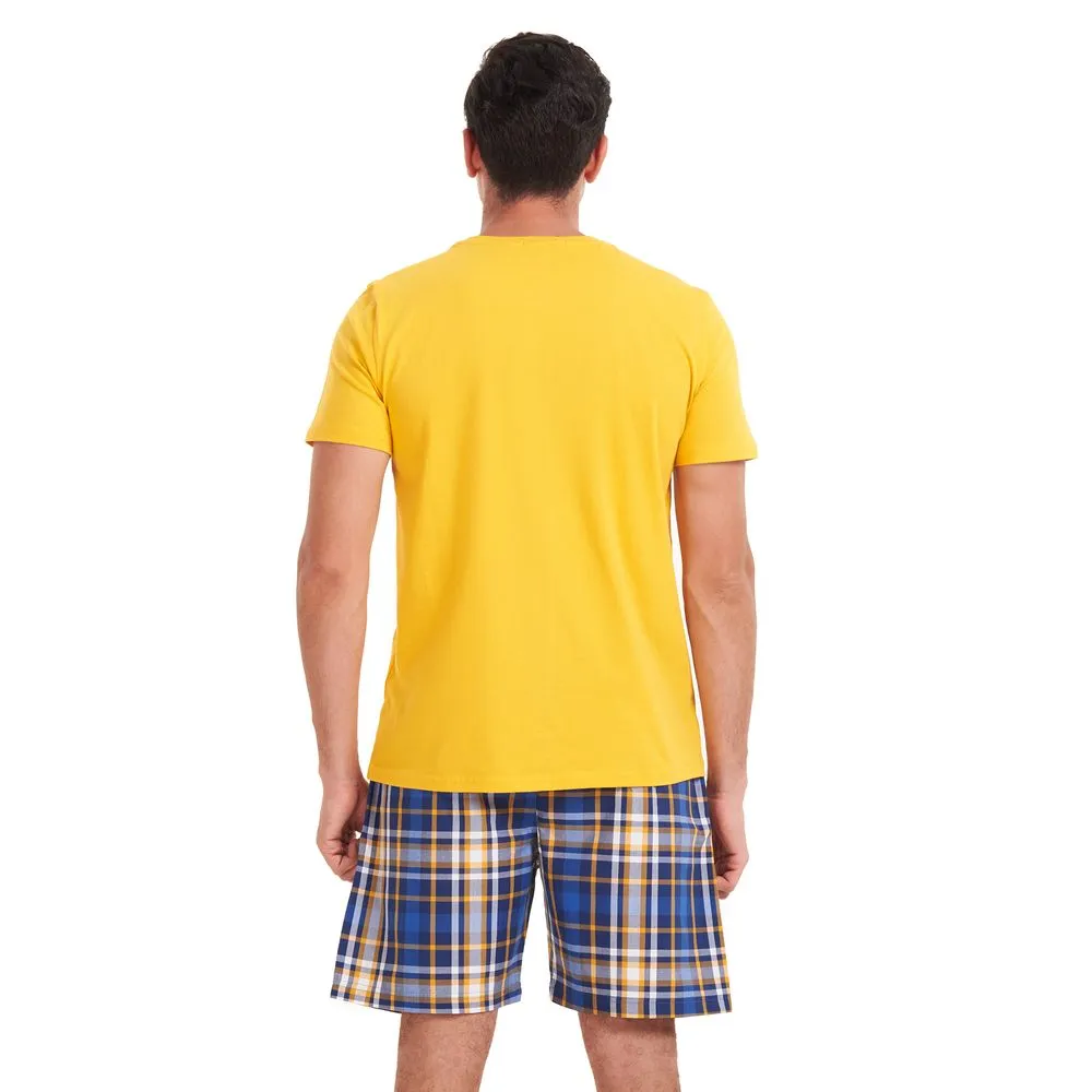 Men summer pajama set Yellow T-shirt  Yellow checkered shorts