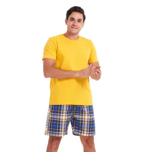 Men summer pajama set Yellow T-shirt  Yellow checkered shorts