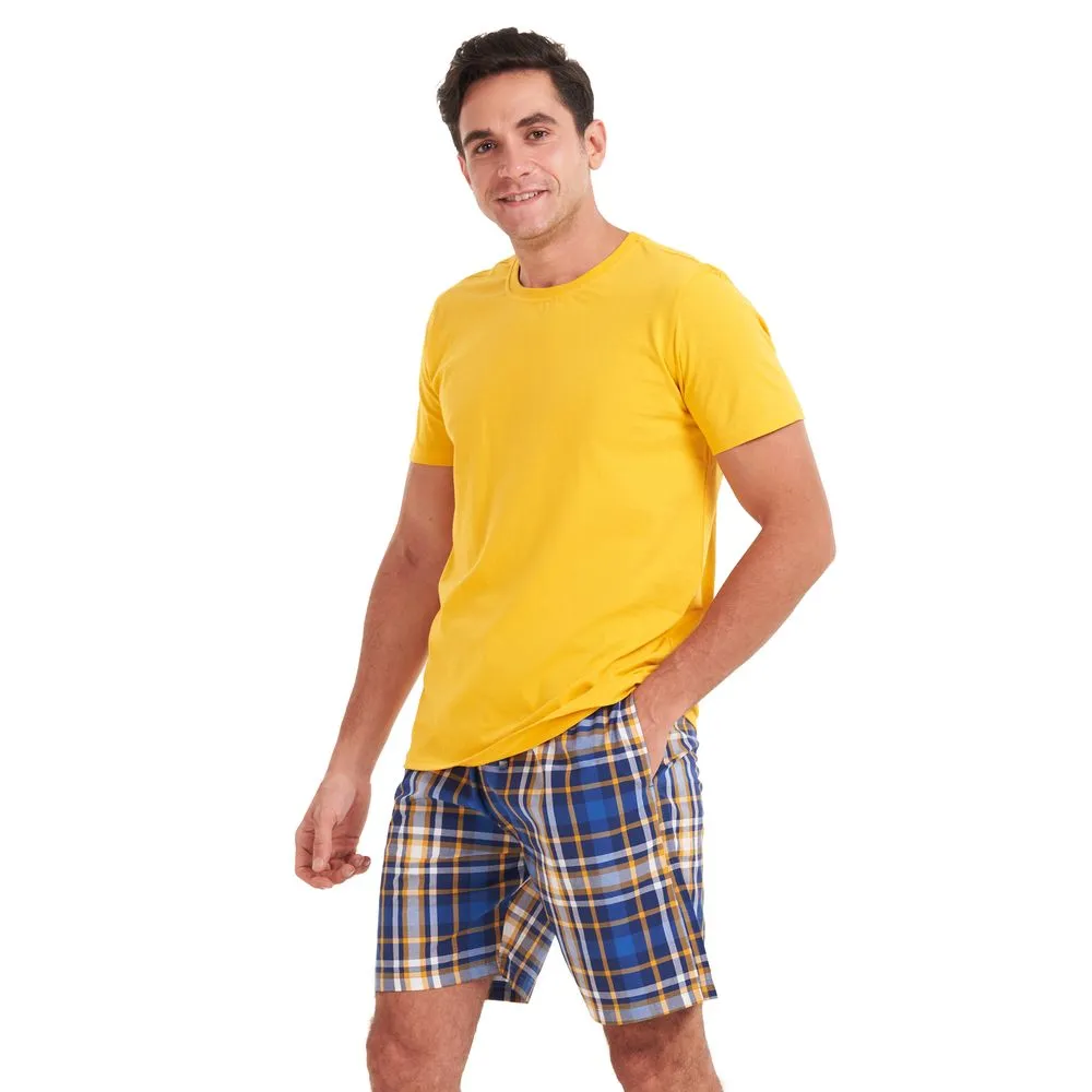 Men summer pajama set Yellow T-shirt  Yellow checkered shorts