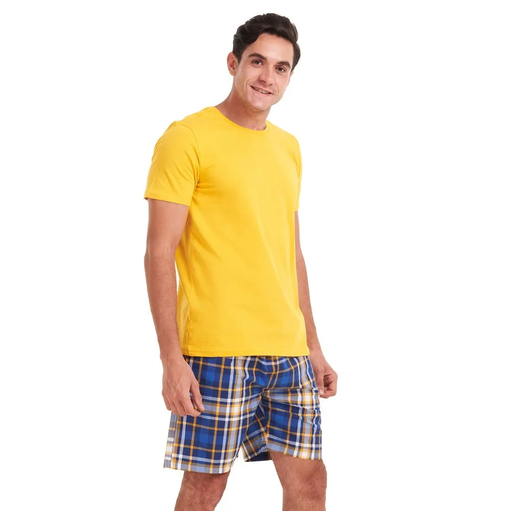 Men summer pajama set Yellow T-shirt  Yellow checkered shorts