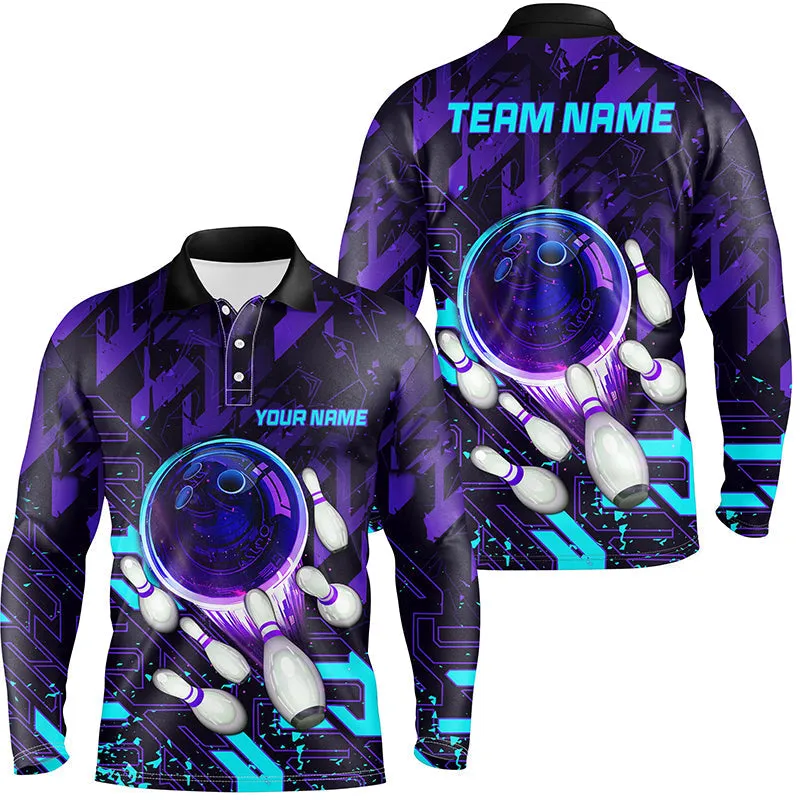 Mens Bowling Long Sleeve Polo Shirts Custom Purple Multicolor Abstract Bowling Team League Jerseys, Bowling Gifts