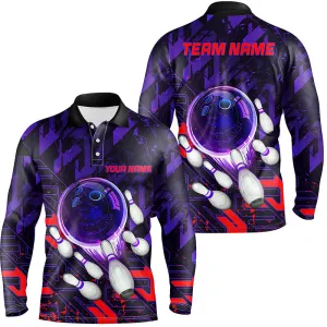 Mens Bowling Long Sleeve Polo Shirts Custom Purple Multicolor Abstract Bowling Team League Jerseys, Bowling Gifts