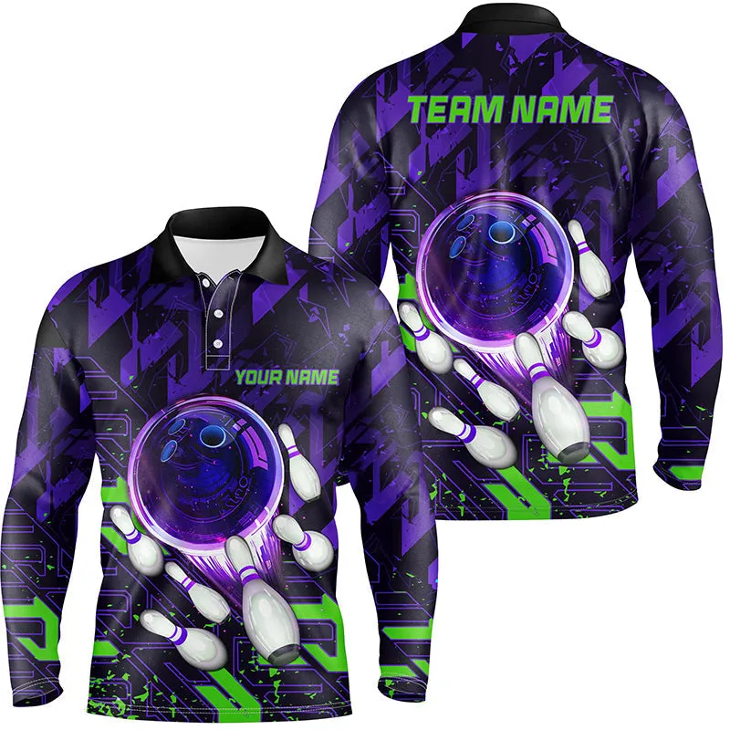 Mens Bowling Long Sleeve Polo Shirts Custom Purple Multicolor Abstract Bowling Team League Jerseys, Bowling Gifts