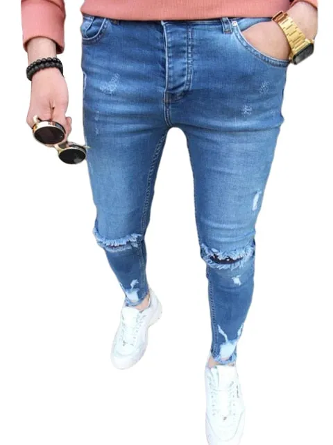 Mens Solid Color Jeans New Fashion Slim Pencil Pants Sexy Casual Hole Ripped Design Streetwear