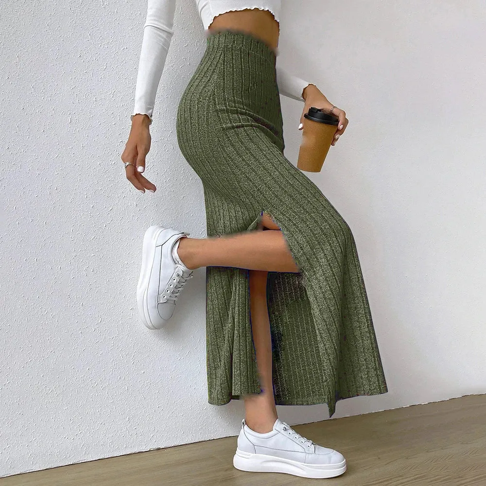 New Office Ladies Ribbed Elastic Elegant Waist Side Slit Skirt