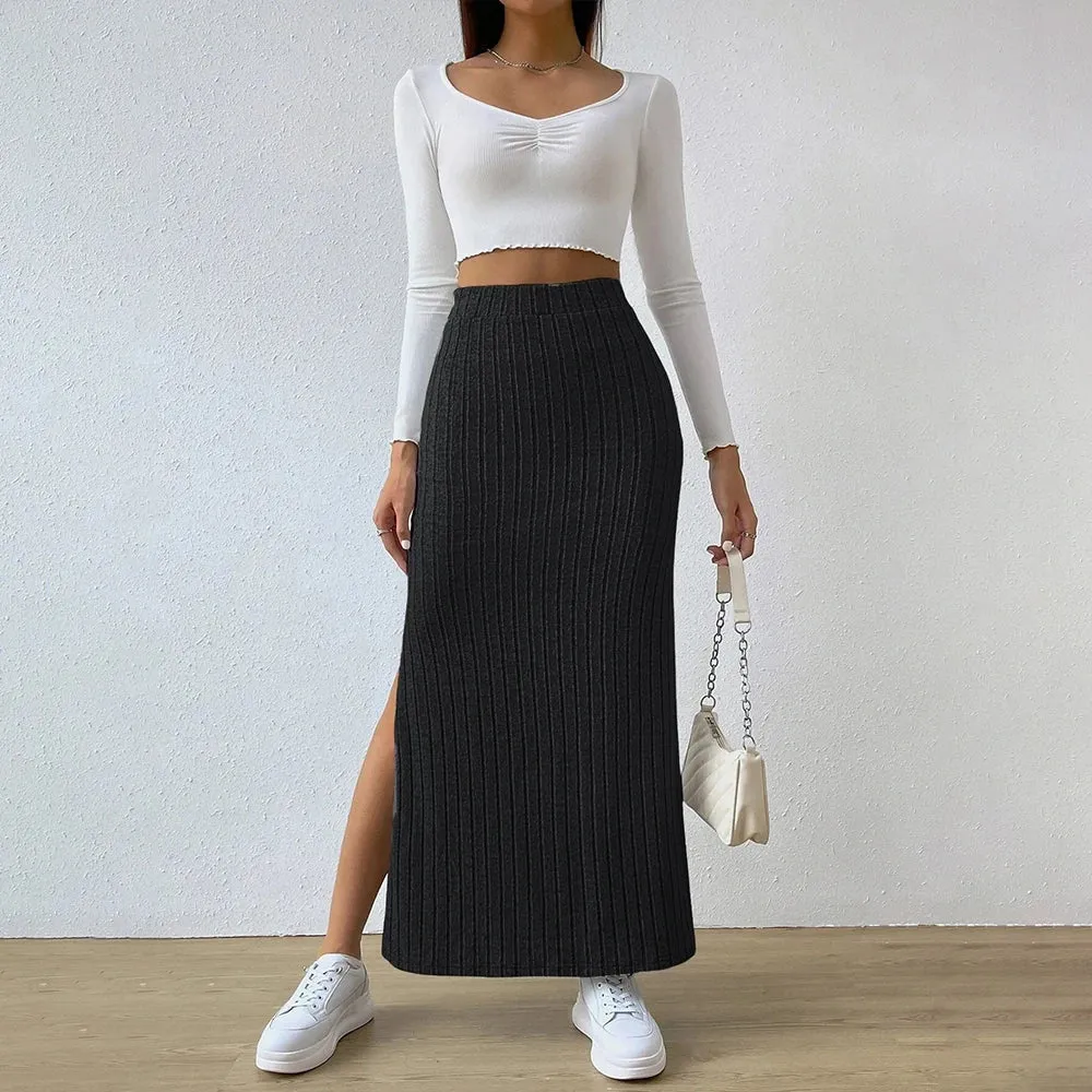 New Office Ladies Ribbed Elastic Elegant Waist Side Slit Skirt