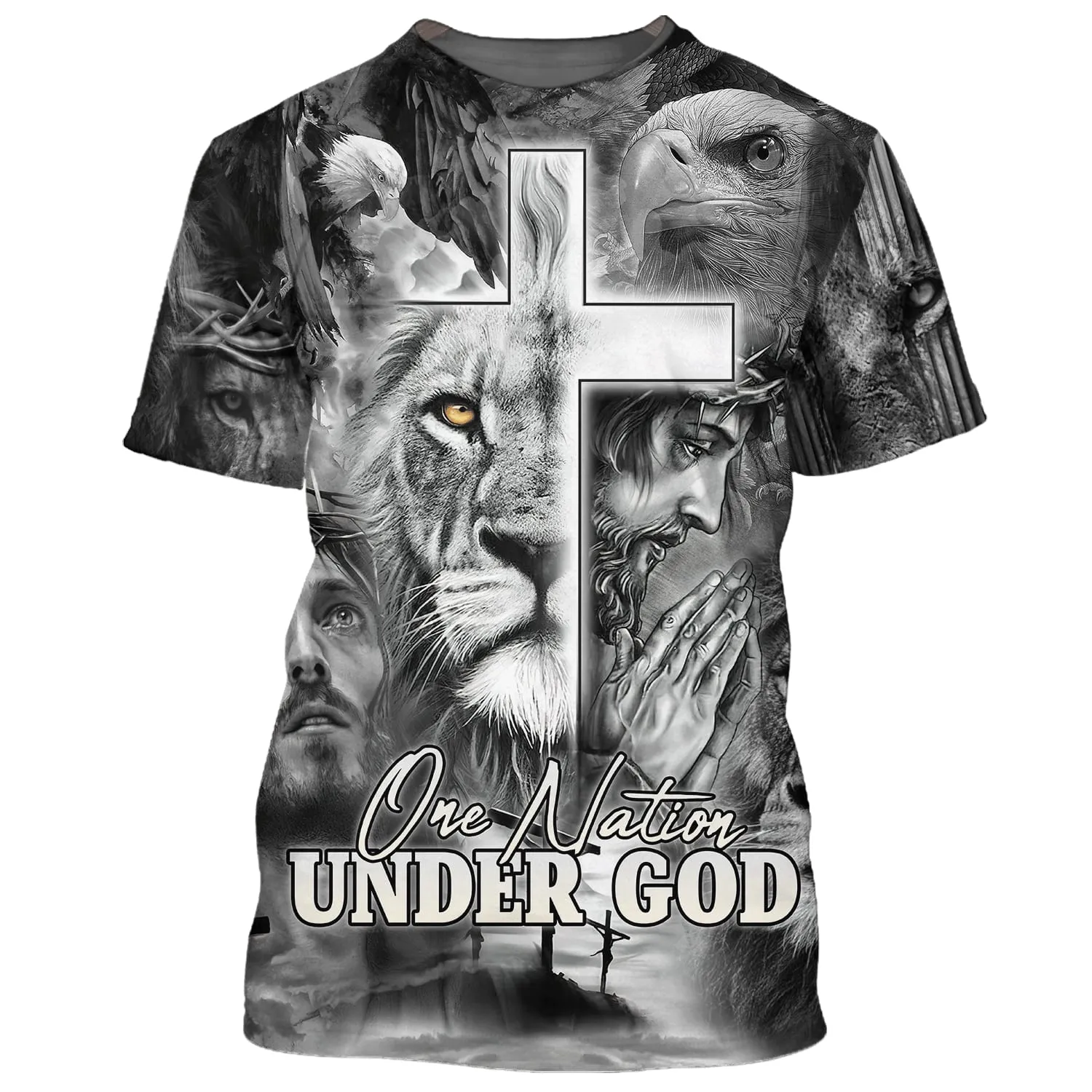 One Nation Under God Shirts - Jesus Prayer Lion And Eagle 3D All Over Printed Shirt for Men and Women