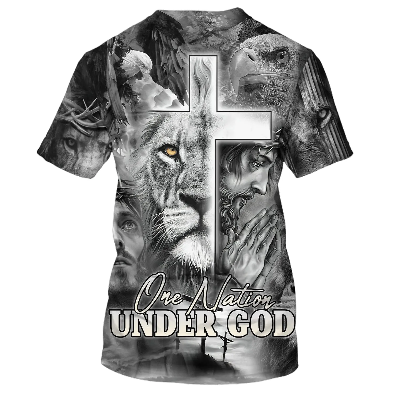 One Nation Under God Shirts - Jesus Prayer Lion And Eagle 3D All Over Printed Shirt for Men and Women