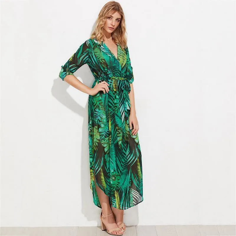 Plus Size  Green Chiffon Long Summer Dresses Sexy V-Neck Beach Maxi Dress Elegant Slim Floral Print Party Dresses vestidos (US 18W-26W)