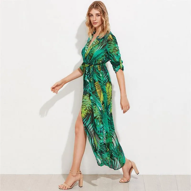 Plus Size  Green Chiffon Long Summer Dresses Sexy V-Neck Beach Maxi Dress Elegant Slim Floral Print Party Dresses vestidos (US 18W-26W)