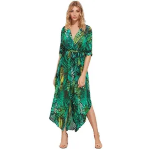 Plus Size  Green Chiffon Long Summer Dresses Sexy V-Neck Beach Maxi Dress Elegant Slim Floral Print Party Dresses vestidos (US 18W-26W)