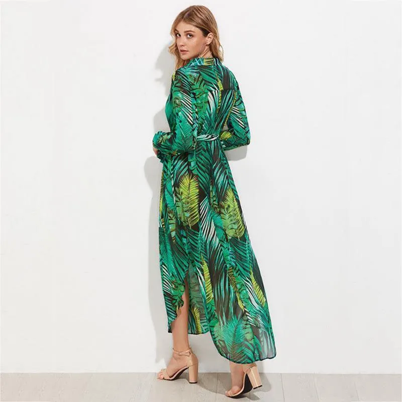 Plus Size  Green Chiffon Long Summer Dresses Sexy V-Neck Beach Maxi Dress Elegant Slim Floral Print Party Dresses vestidos (US 18W-26W)