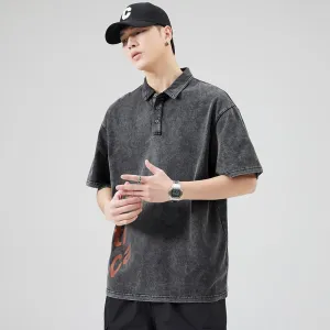 Pure Cotton Lapel Washed Retro Print Short Sleeve Polo Shirt