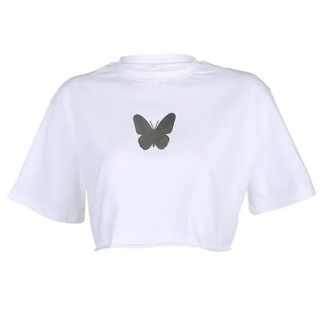 Reflective Butterfly Pattern Casual Loose Summer Tops Harajuku Tees