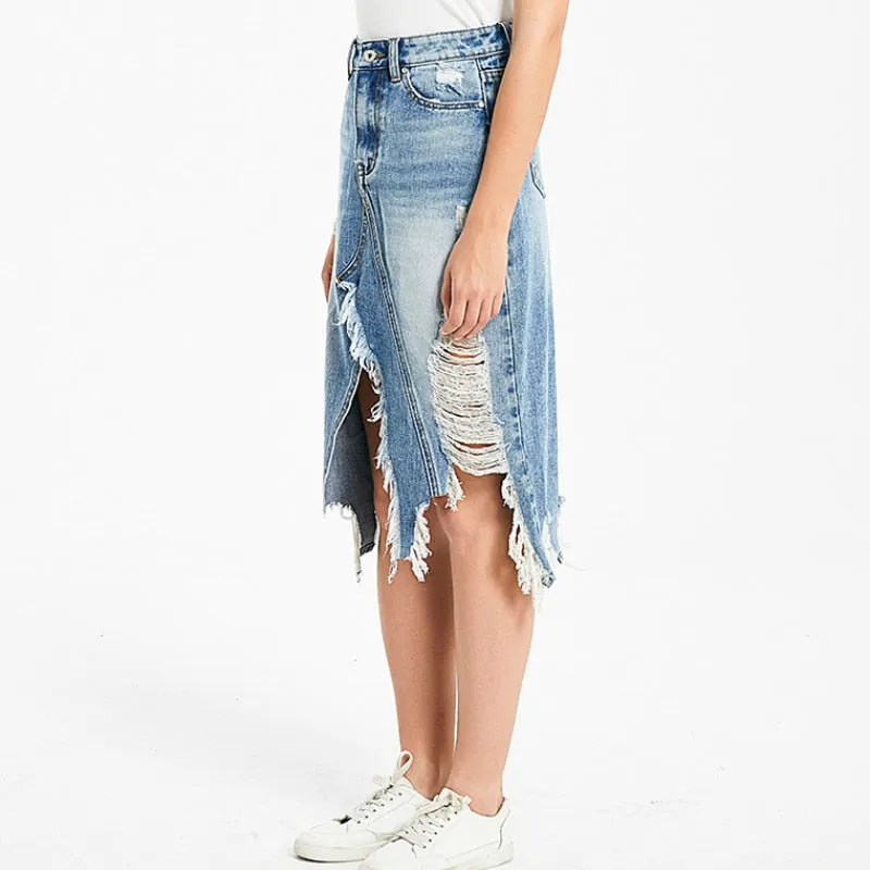 Ripped Denim Women Asymmetrical Pencil Jean Skirt High Split Skirt