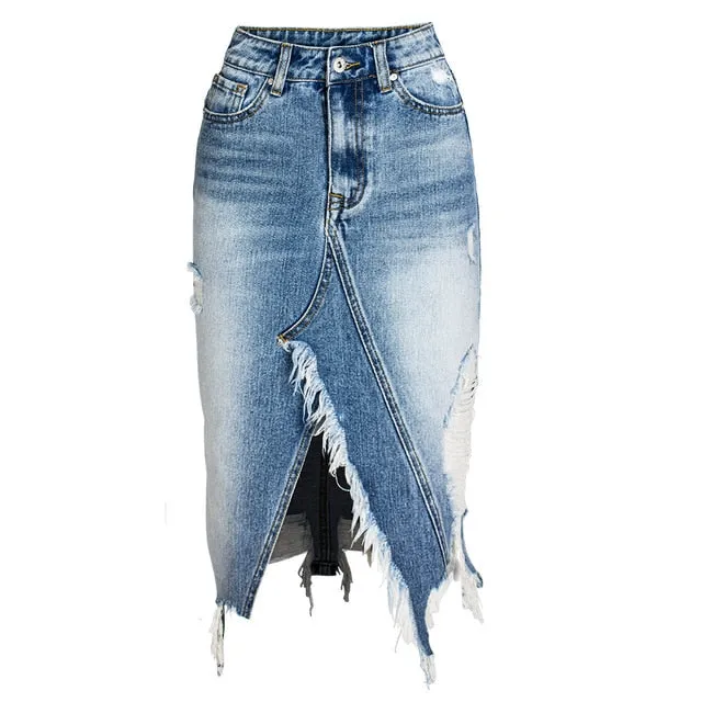 Ripped Denim Women Asymmetrical Pencil Jean Skirt High Split Skirt