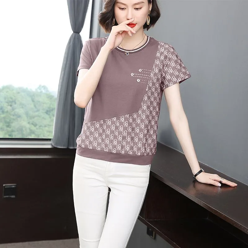 Round Neck Design Print Anti-Aging Pullover Short Sleeve Tee