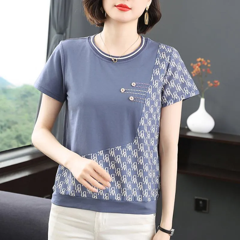 Round Neck Design Print Anti-Aging Pullover Short Sleeve Tee