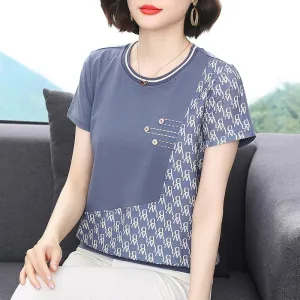 Round Neck Design Print Anti-Aging Pullover Short Sleeve Tee