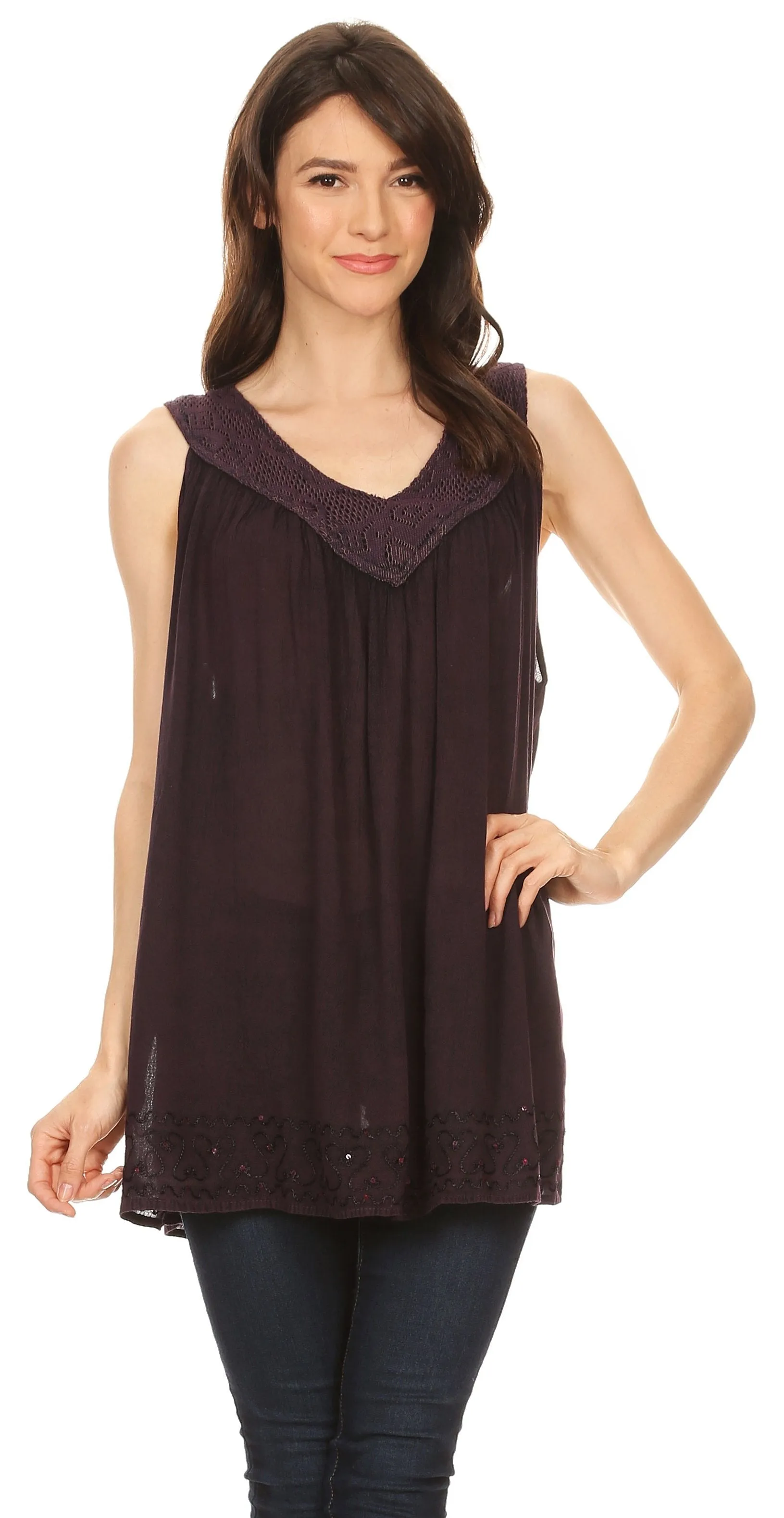 Sakkas Maissa  Sleeveless V-neck Tank Top  with Crochet Trim and Embroidery