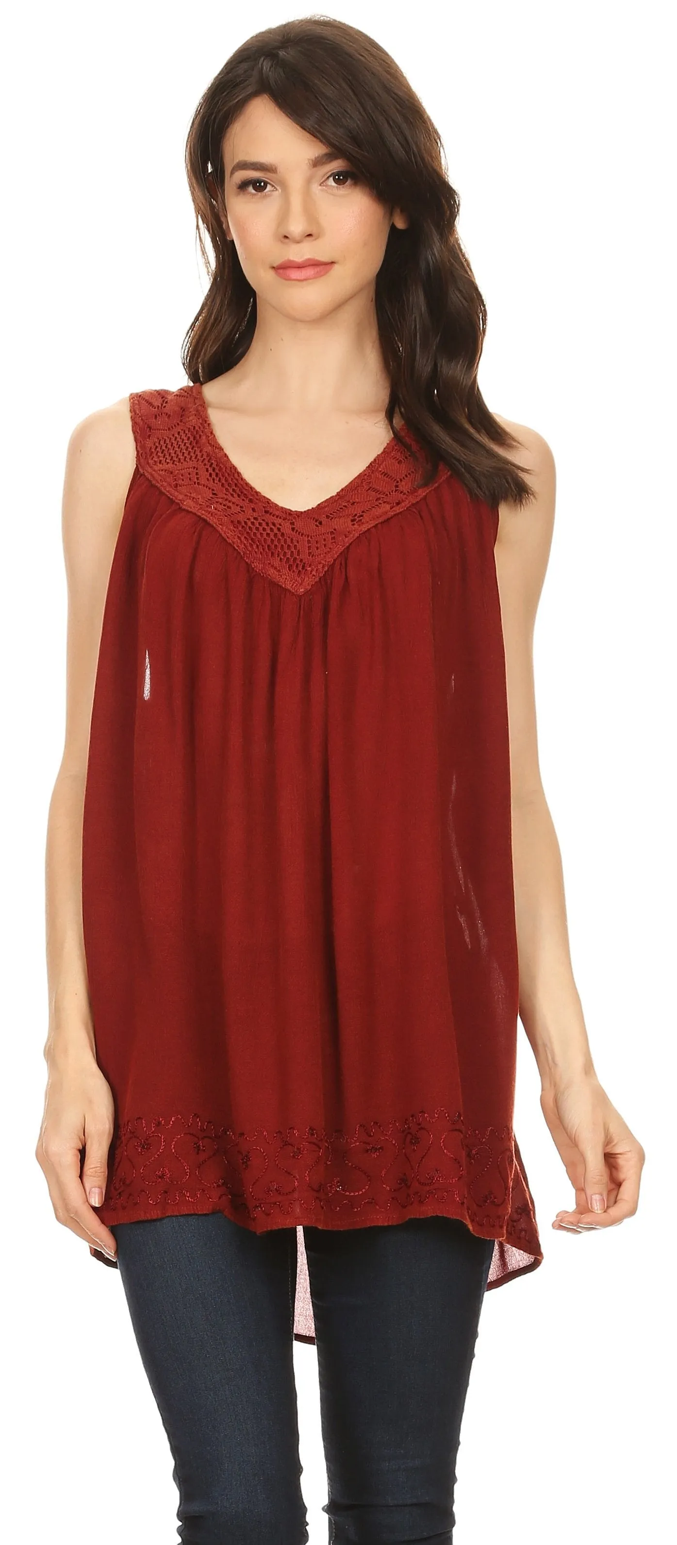 Sakkas Maissa  Sleeveless V-neck Tank Top  with Crochet Trim and Embroidery