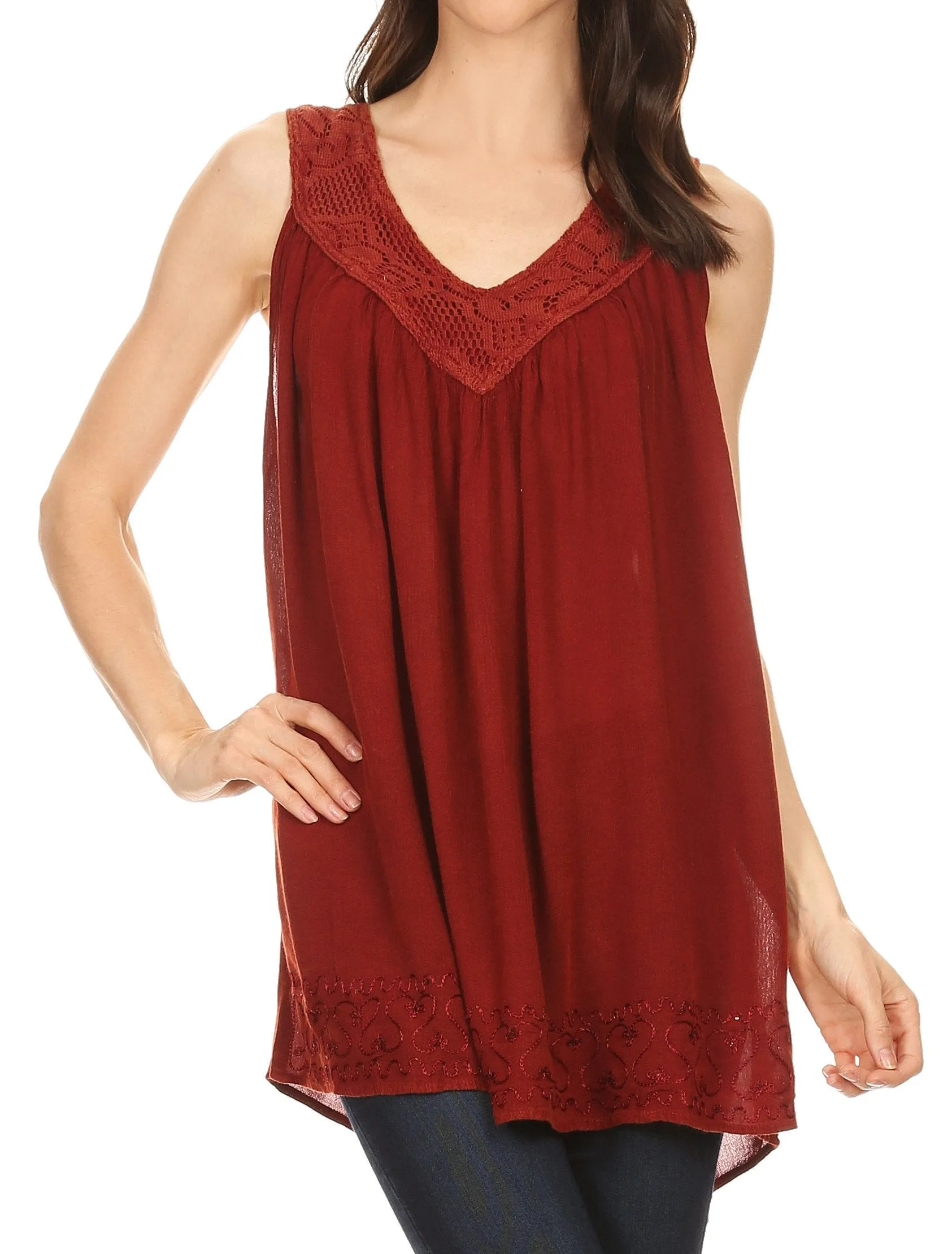 Sakkas Maissa  Sleeveless V-neck Tank Top  with Crochet Trim and Embroidery