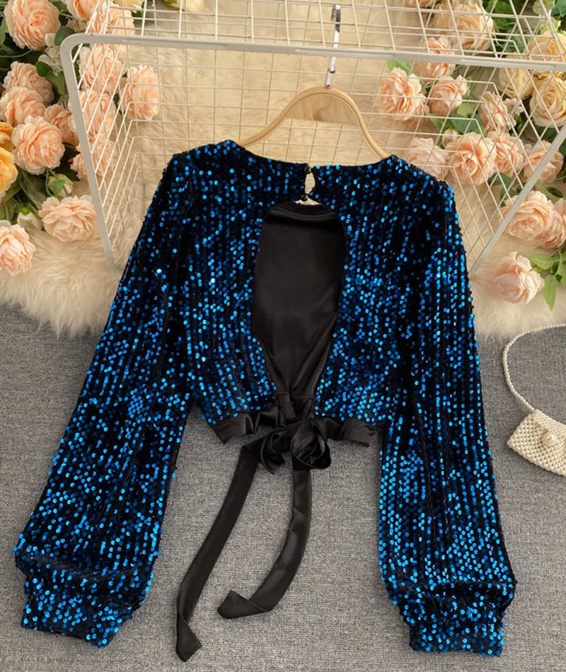 Shiny Long Sleeve Sequins Tops Open Back Tops      S4392