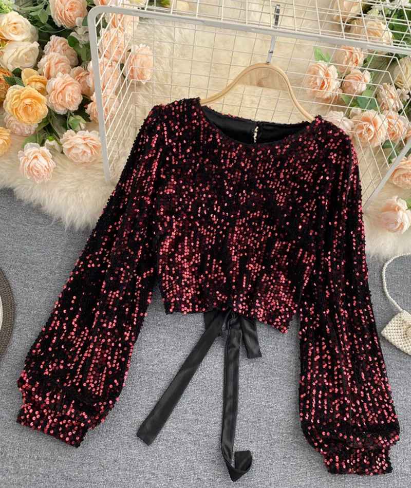 Shiny Long Sleeve Sequins Tops Open Back Tops      S4392