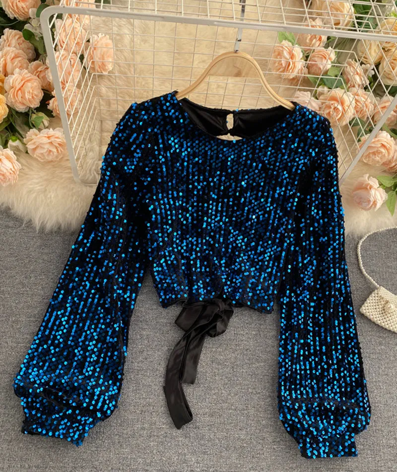 Shiny Long Sleeve Sequins Tops Open Back Tops      S4392