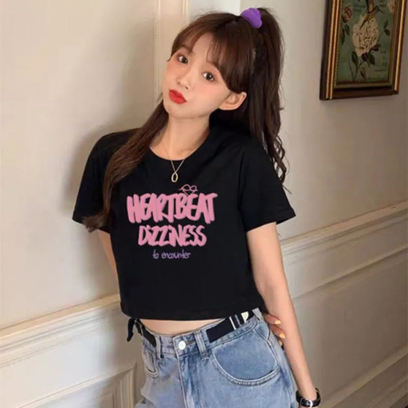 Slim-Fit Regular Shoulder Navel-Baring Black Niche Cropped Short Sleeve Tee