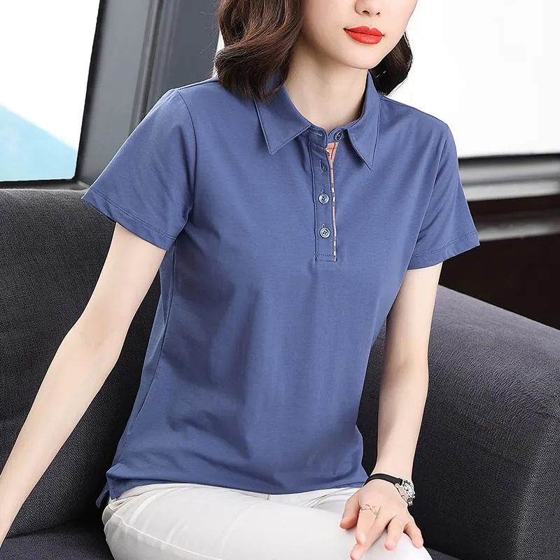 Slimming Button Loose Fit Pure Cotton Lapel Short Sleeve Tee