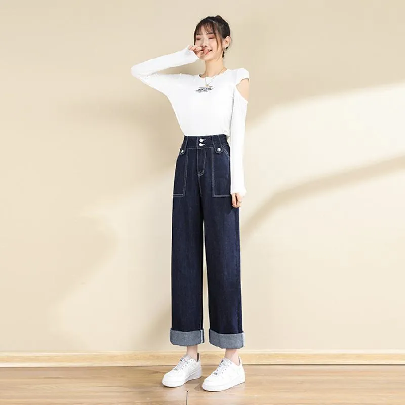 Slimming Floor-Length Draping Loose Fit Straight High-Waisted Wide-Leg Jeans