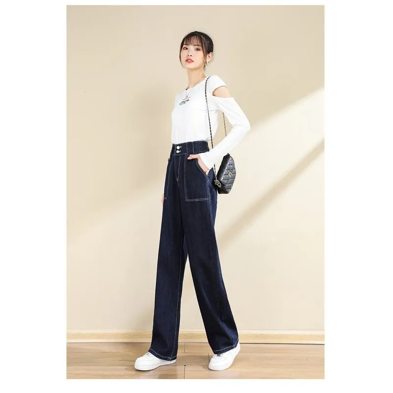 Slimming Floor-Length Draping Loose Fit Straight High-Waisted Wide-Leg Jeans