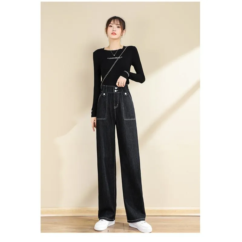 Slimming Floor-Length Draping Loose Fit Straight High-Waisted Wide-Leg Jeans