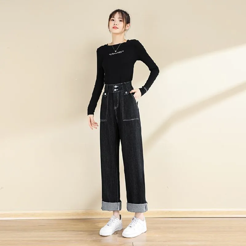 Slimming Floor-Length Draping Loose Fit Straight High-Waisted Wide-Leg Jeans