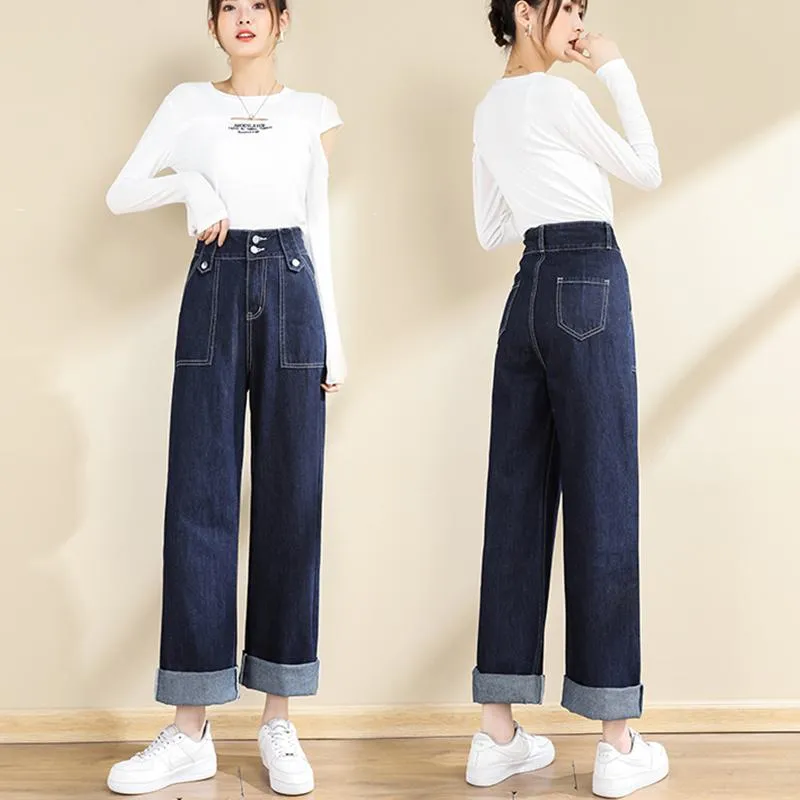 Slimming Floor-Length Draping Loose Fit Straight High-Waisted Wide-Leg Jeans