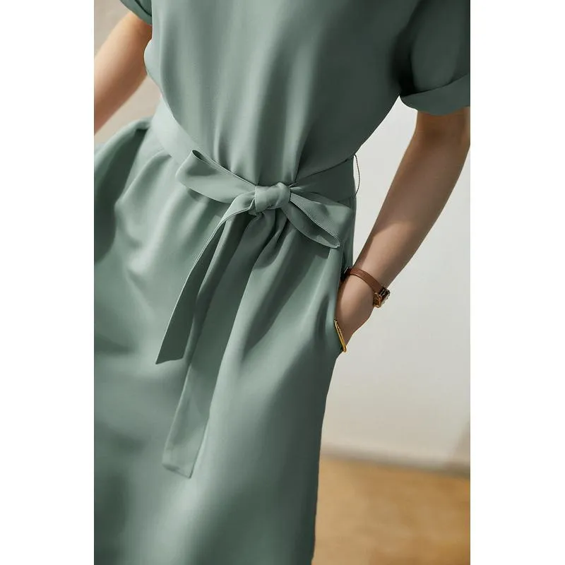 Slimming Solid Belted Chic French Style Dress