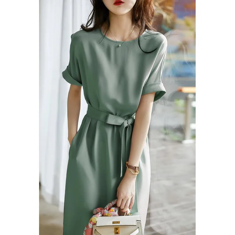 Slimming Solid Belted Chic French Style Dress