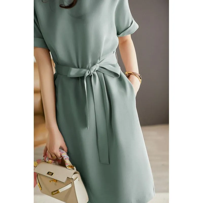 Slimming Solid Belted Chic French Style Dress