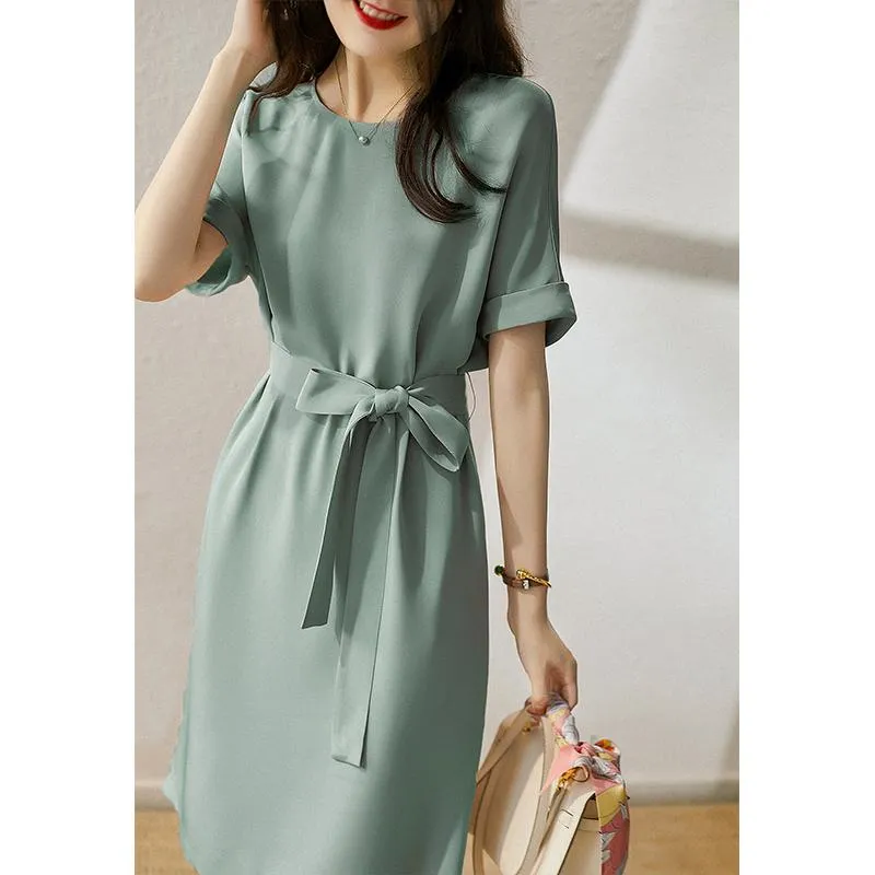 Slimming Solid Belted Chic French Style Dress