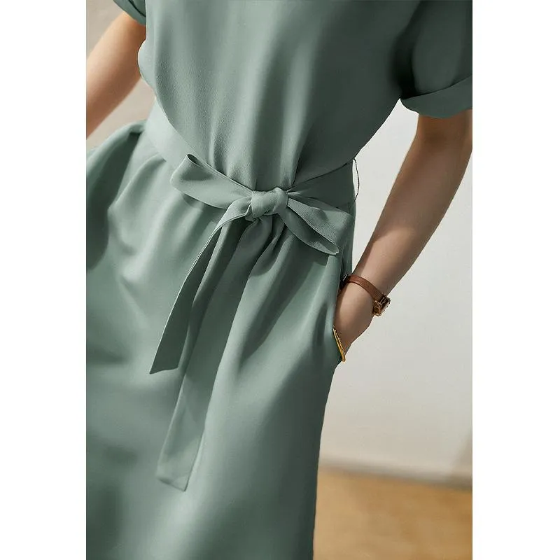 Slimming Solid Belted Chic French Style Dress